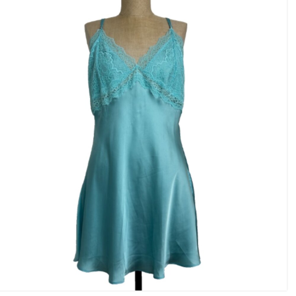 Victoria's Secret Aqua Blue Lace Plunge Satin Lace Slip Dress Open Back Tie